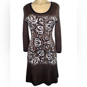 Nine West Floral Chevron Knit Sweater Dress Small, Brown & White